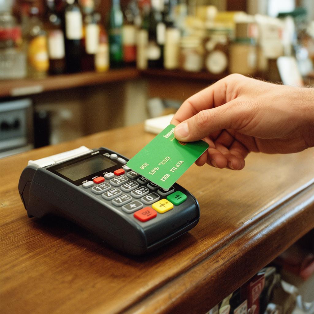 Mano che paga con una carta su un POS al banco di un negozio