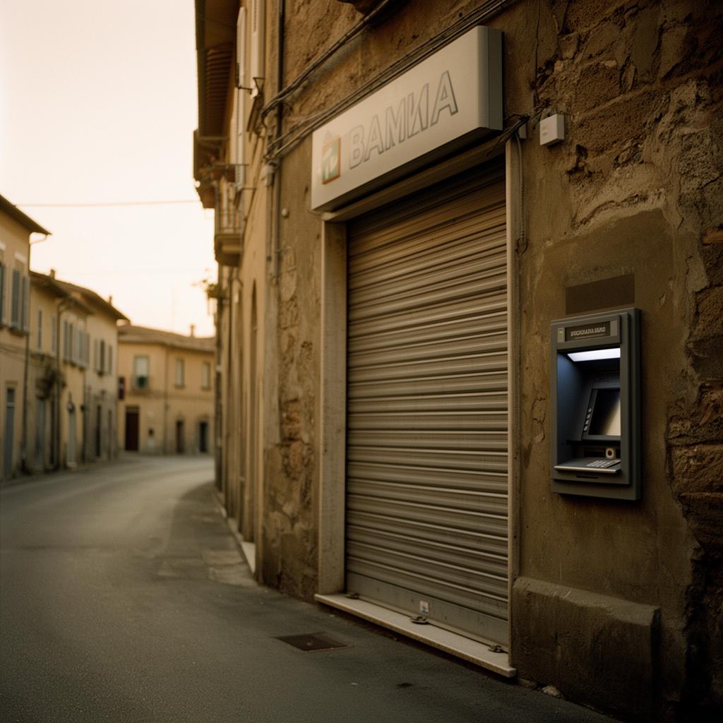 Filiale di banca chiusa con saracinesca abbassata e bancomat in un borgo