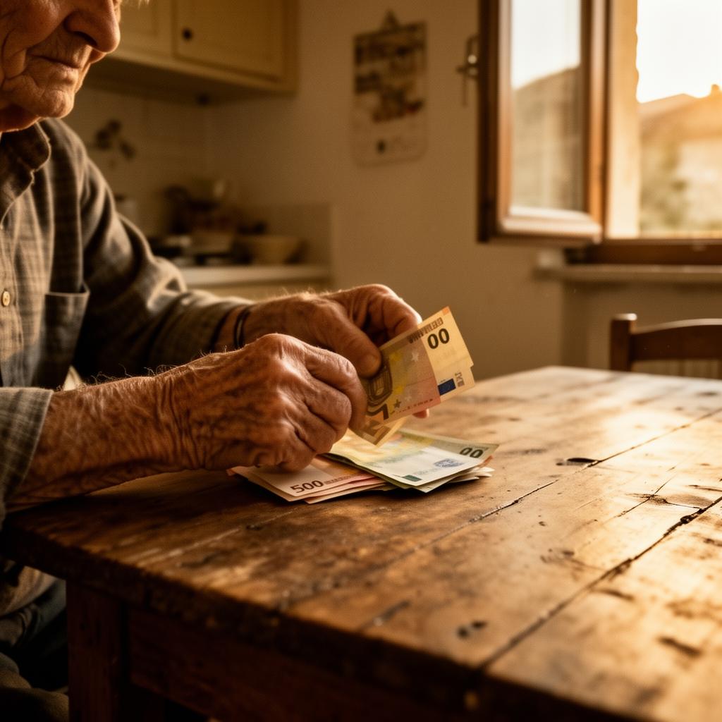 Mani anziane che contano alcune banconote su un tavolo di legno